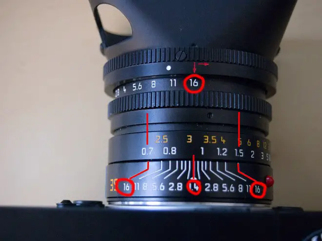 distance marker on the lens top for zone focusing